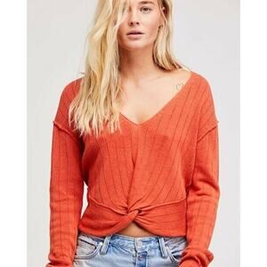 $98 Free People Autumn Orange Got Me Twisted Raw Seam Vneck Sweater XS NEW